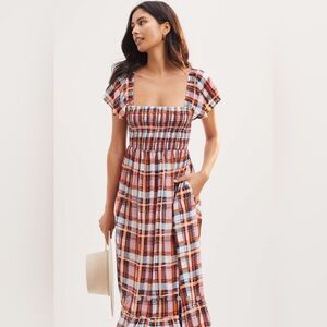 ANTHROPOLOGIE Ruffled Maxi Dress KIG Print Plaid Mauve Blue Orange Size Small